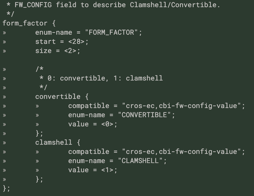 Chromebook Finley がコンバーチブルとクラムシェルの両方に対応する可能性を示唆するコードのスクリーンショット