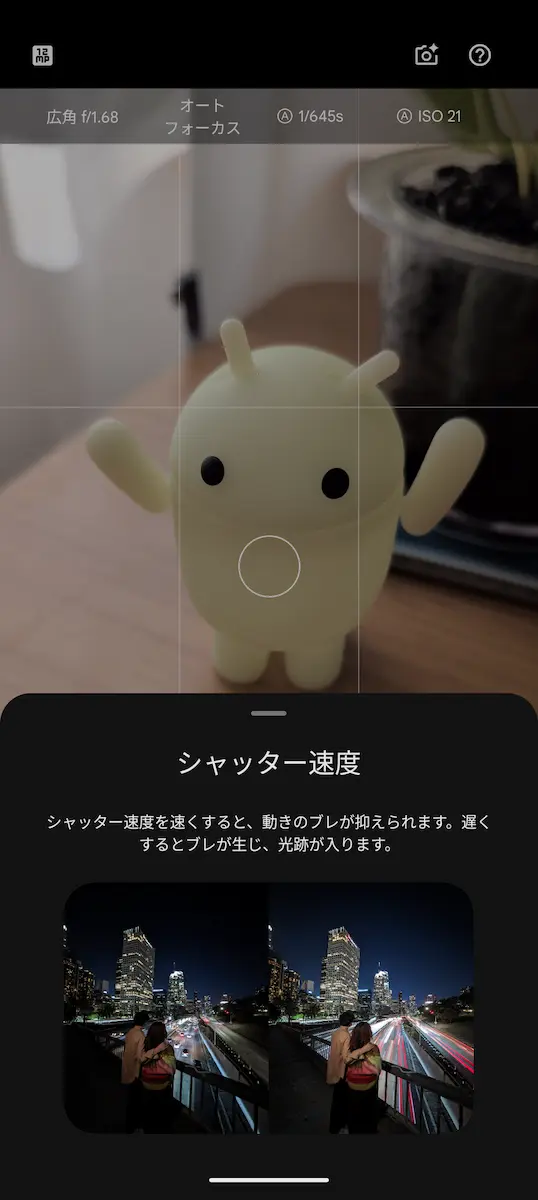 Google Pixel 10 Pro の Pixel Camera で表示したプロ設定のシャッター速度の設定画面
