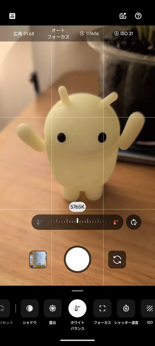 Google Pixel 10 Pro の Pixel Camera で表示したプロ設定からホワイトバランスを暖色に寄せているところスクリーンショット