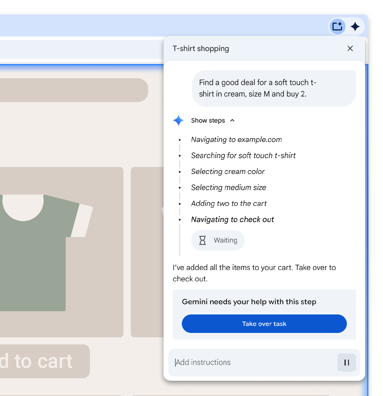 エージェントが支払いページに到達すると停止し、ユーザーに最終ステップを完了するように求める例