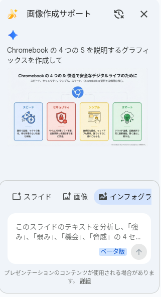 Google スライドの Gemini サイドパネルで「インフォグラフィック」を作成している様子のスクリーンショット