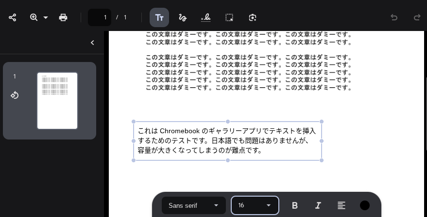 Chromebook のギャラリーアプリで「テキスト」挿入ツールを使っている様子