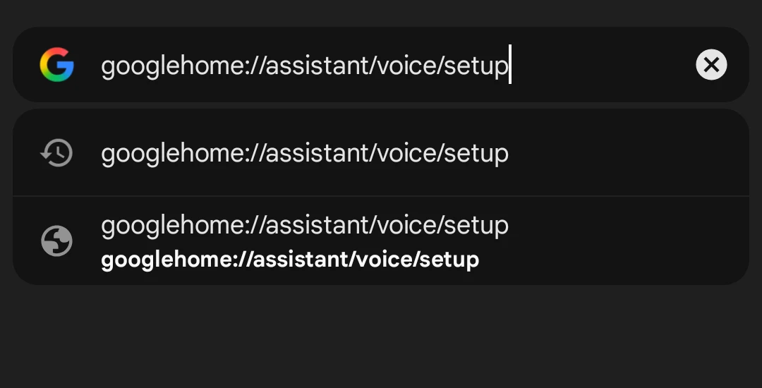 Chrome ブラウザで googlehome://assistant/voice/setup を入力している様子