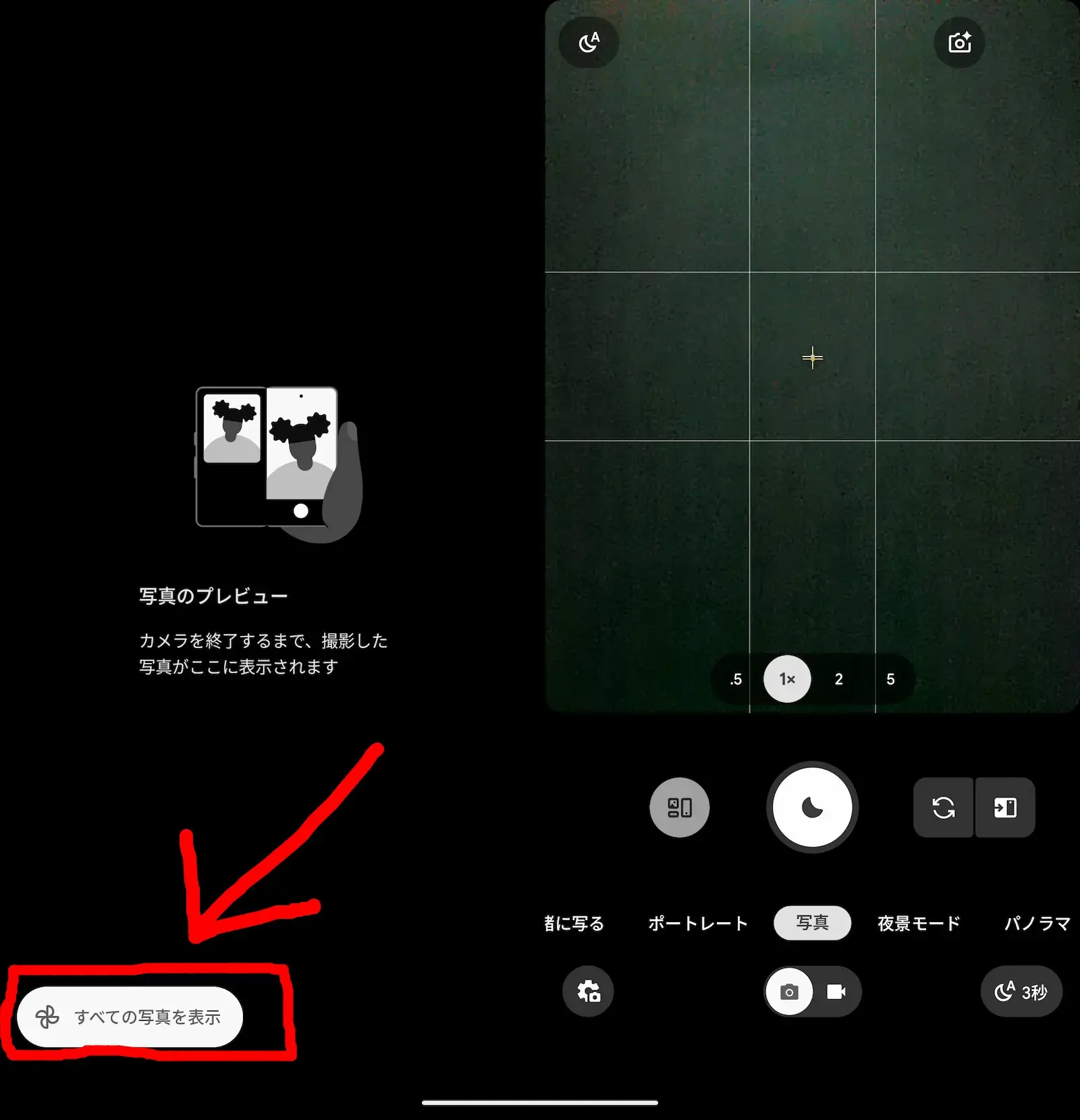 Google Pixel 10 Pro Fold のカメラアプリで、写真一覧の下にある「すべての写真を表示」ボタンをハイライトしている画像