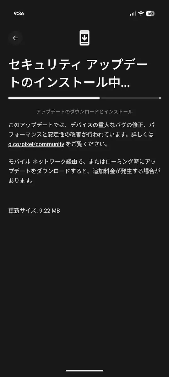 Pixel 10 Pro で受信した 2025 年 12 月の追加セキュリティアップデートの更新画面