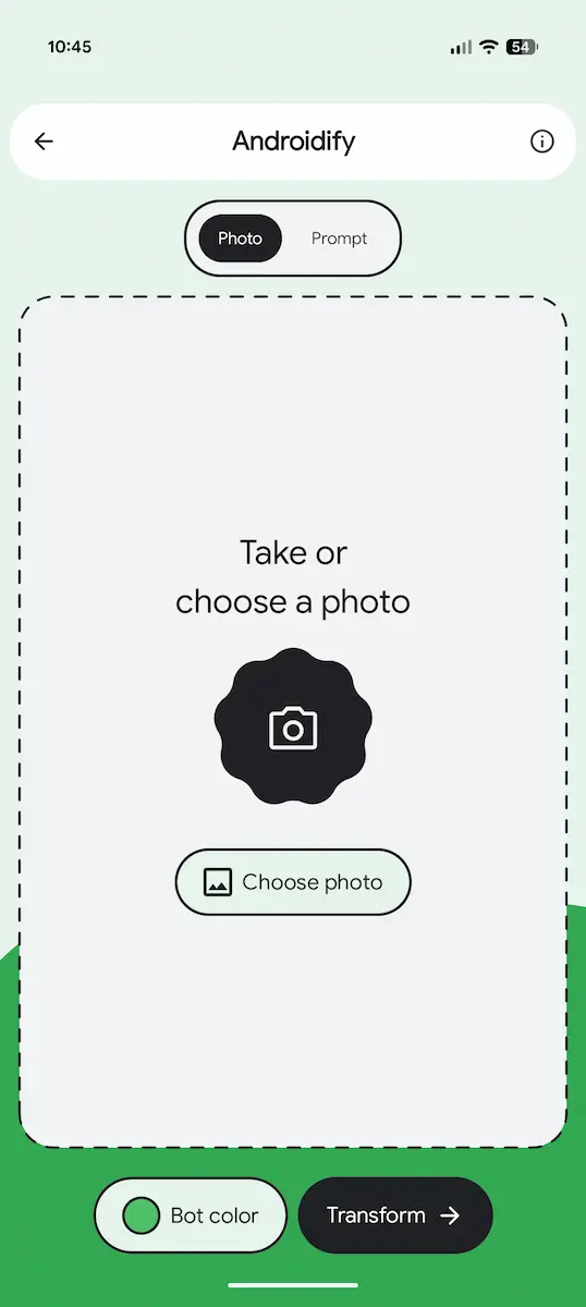 Androidify アプリのホーム画面で、写真を追加するよう表示されている様子