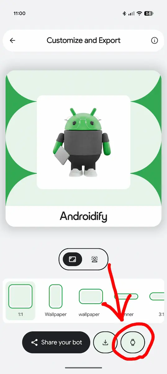 Androidify アプリで作成したドロイド君を転送するためのウォッチアイコンをハイライトしている様子