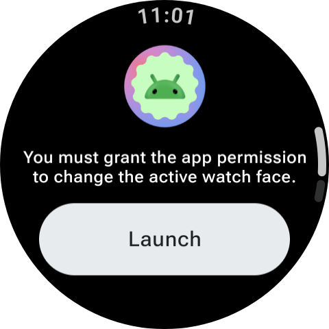 Androidfy アプリで作成したウォッチフェイスを転送するときに、Pixel Watch 4 に表示された許可を求める通知のスクリーンショット