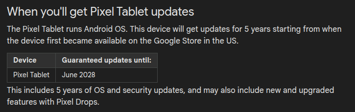 Google Pixel Tablet の英語版ヘルプページにあるサポート期限の記載