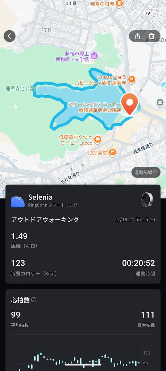 Ringconn アプリでアクティビティの測定結果を表示した画面のスクリーンショット