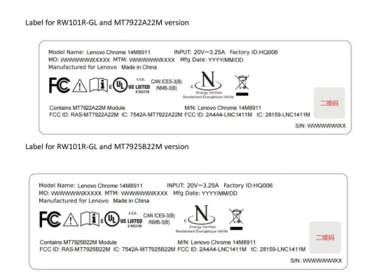 FCC で確認された Lenovo Chrome 14M8911 の 5G と Wi-Fi モジュールを示すスクリーンショット