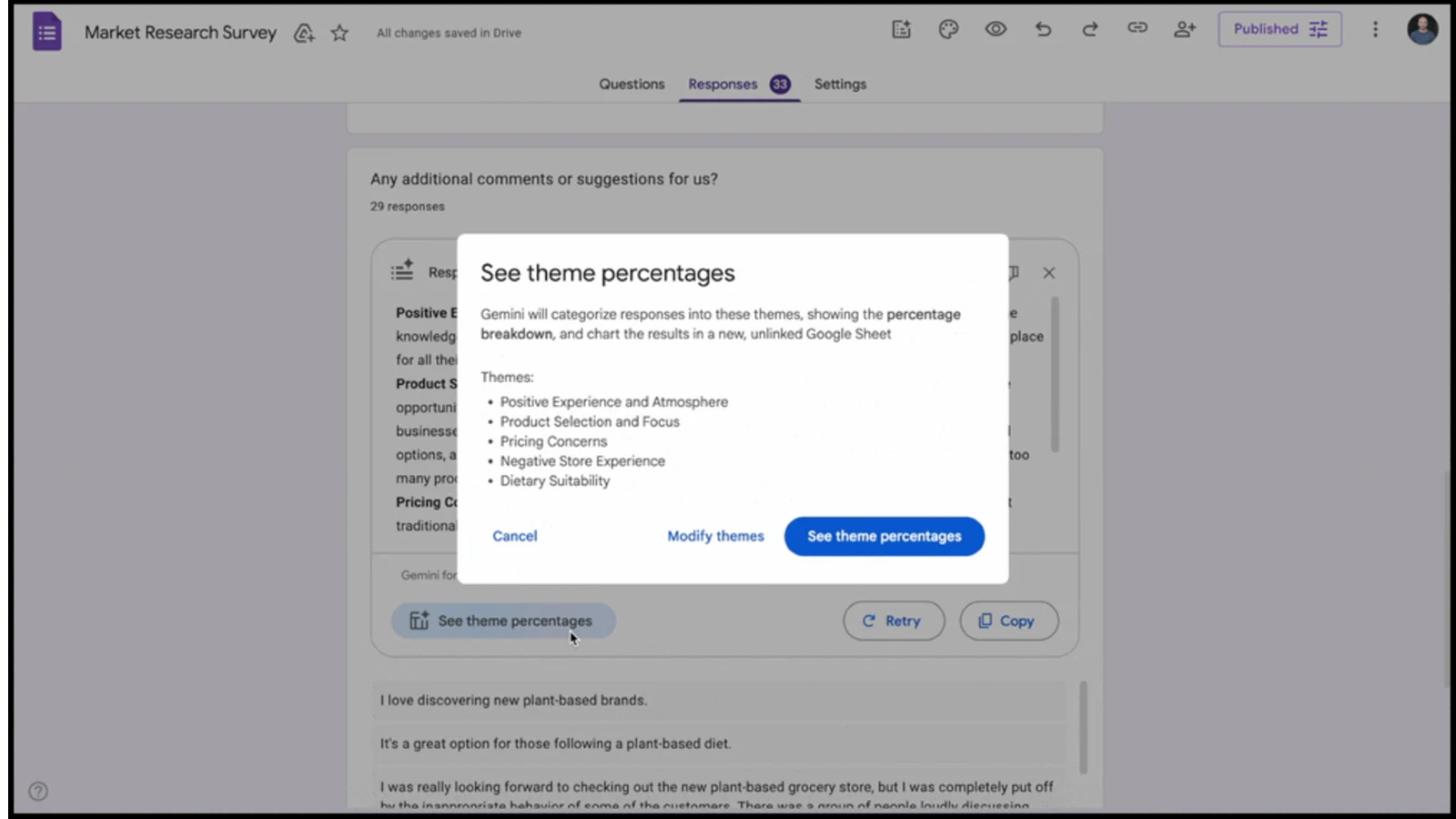 Google フォーム、Gemini がテキスト回答の割合を自動分類する機能を追加