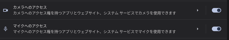 Chromebook の「カメラへのアクセス」と「マイクへのアクセス」をハイライトしている画像