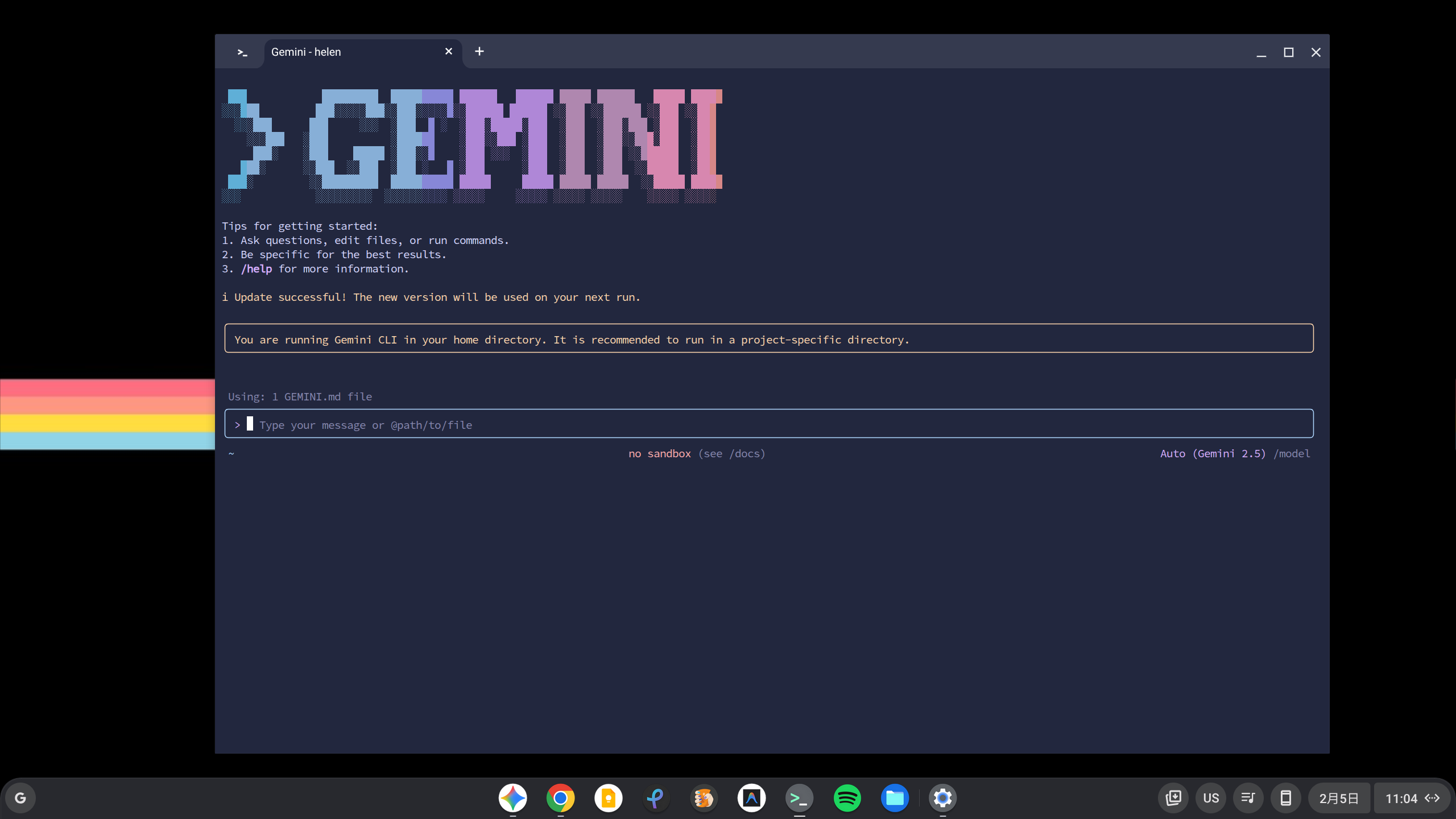 Chromebook で Gemini CLI を起動しているところの画像