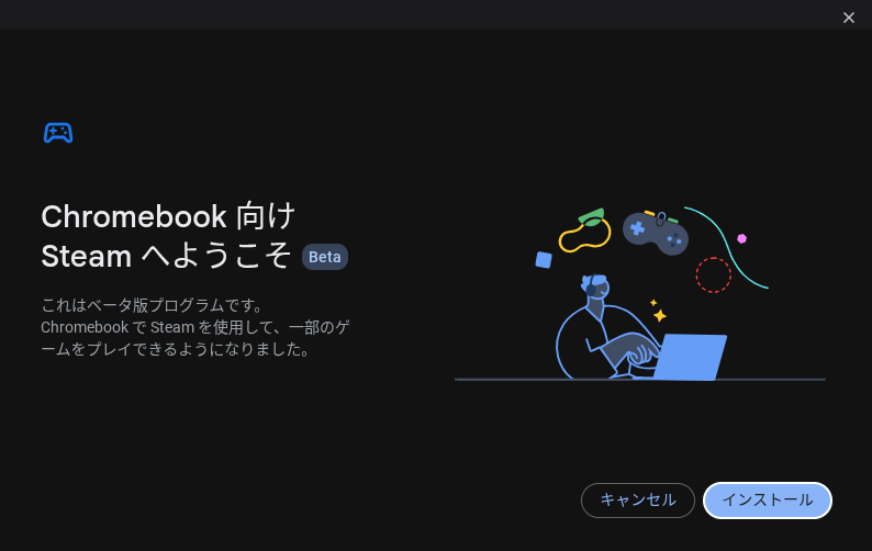Steam for Chromebook Beta のインストール画面 1 枚目