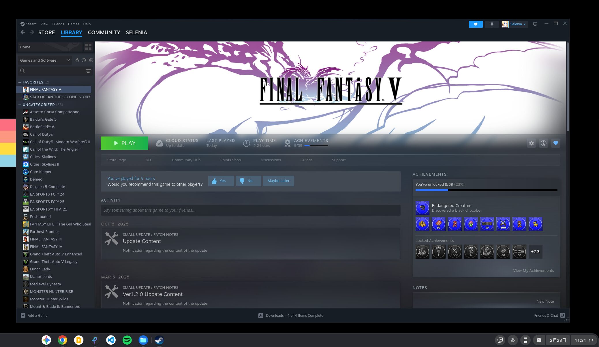 2026年2月23日時点で起動を確認した Steam for Chromebook の画面のスクリーンショット