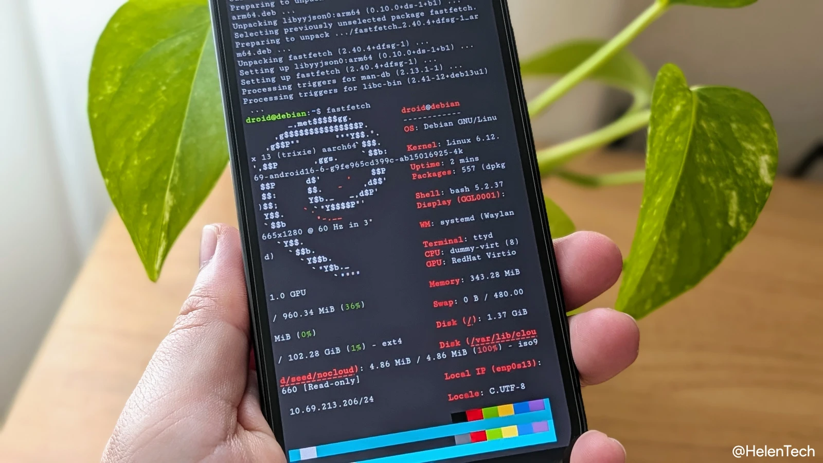 Google Pixel デバイスの「Linux ターミナル」アプリで fastfetch コマンドを入力している様子の画像
