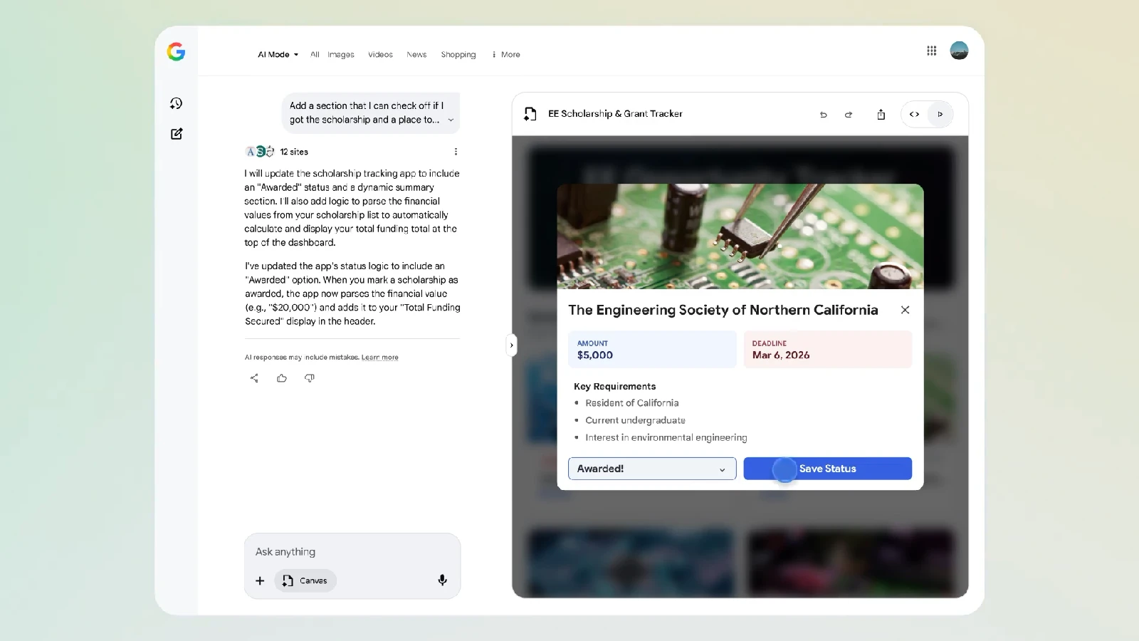 米国の Google 検索「AI モード」で Canvas 機能が一般公開。プログラミングや文書作成が可能に