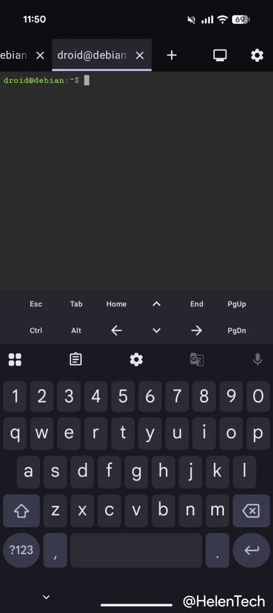 Android Canary 2603 を実行する Pixel デバイスの「Linux ターミナル」アプリのコマンドラインインターフェース (CLI) のスクリーンショット
