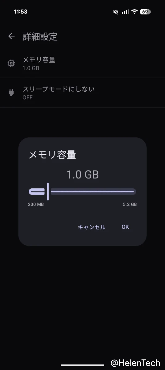 Android Canary 2603 を実行する Pixel デバイスの「Linux ターミナル」アプリの「メモリ容量」の設定画面のスクリーンショット