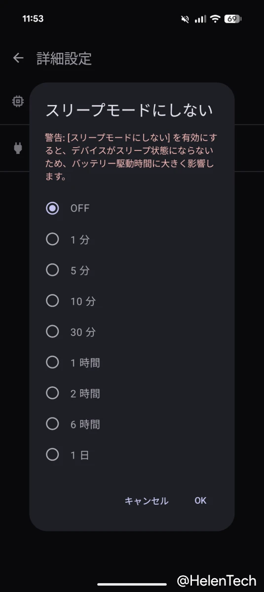 Android Canary 2603 を実行する Pixel デバイスの「Linux ターミナル」アプリの「スリープモードにしない」の設定画面のスクリーンショット