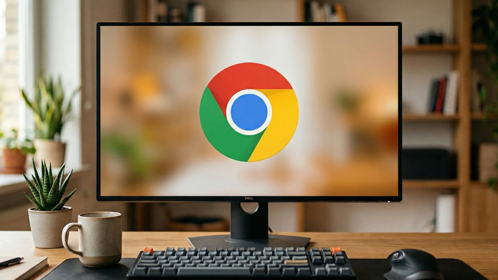 デスク上のモニターに Google Chrome のロゴが表示されている画像