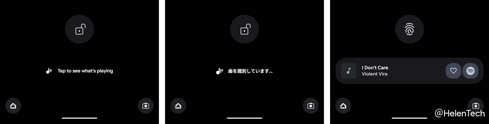 Google Pixel のロック画面で「Tap to see what’s playing (タップして再生中の曲を確認)」を試している一連の様子を示した画像
