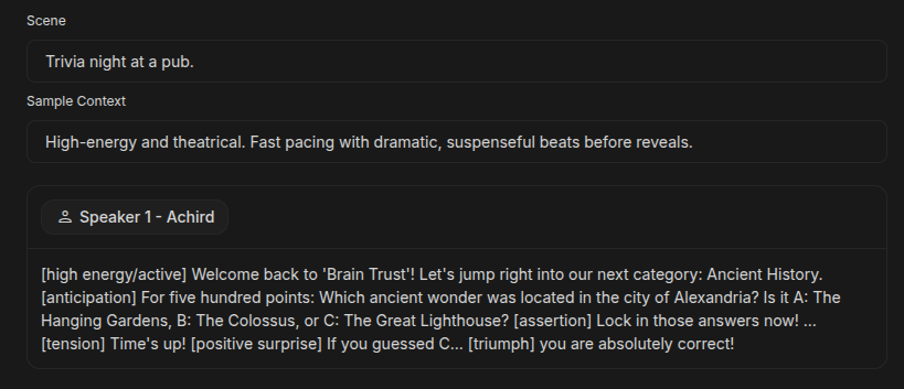 Gemini 3.1 Flash TTS でオーディオタグを利用している様子のスクリーンショット