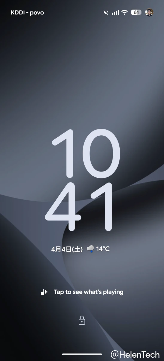 Pixel 向け Now Playing アプリのバージョン 2026.03.24.x で「タップして再生中の曲を確認」が表示されているロック画面のスクリーンショット