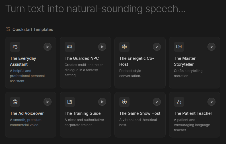Google AI Studio の Gemini 3.1 Flash TTS に用意されているスターターテンプレートのスクリーンショット