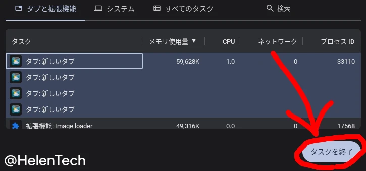 Chromebook のタスクマネージャー上からタスク（