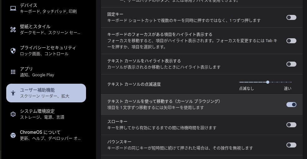 Chromebook でテキストカーソルを使って移動する（カーソルブラウジング）の設定画面をハイライトしている画像