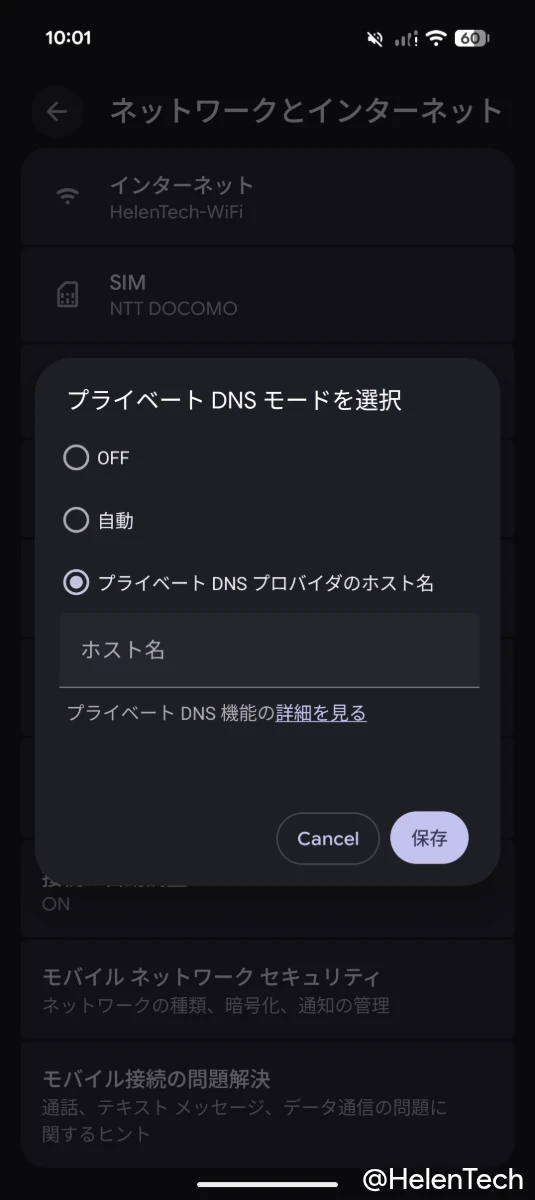 Google Pixel のネットワークとインターネットの設定でプライベート DNS を設定している様子のスクリーンショット