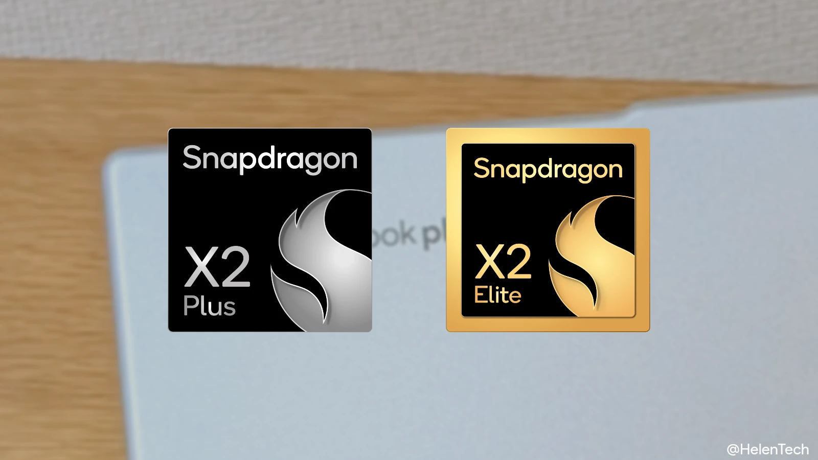Chromebook と重ねた Qualcomm Snapdragon X2 Plus と X2 Elite のブランドロゴの画像