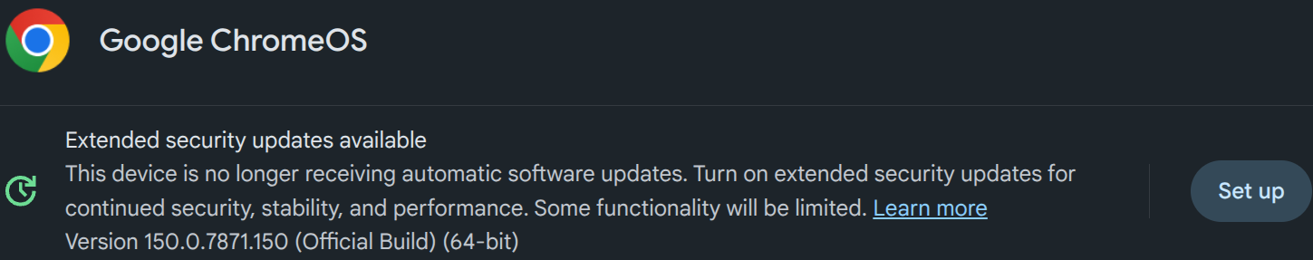 Reddit ユーザーが共有した ChromeOS についてのバージョン情報のスクリーンショット