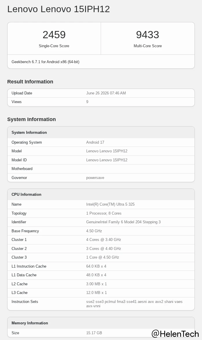 Lenovo Googlebook 15IPH12 を示す Geekbench のベンチマークスコア