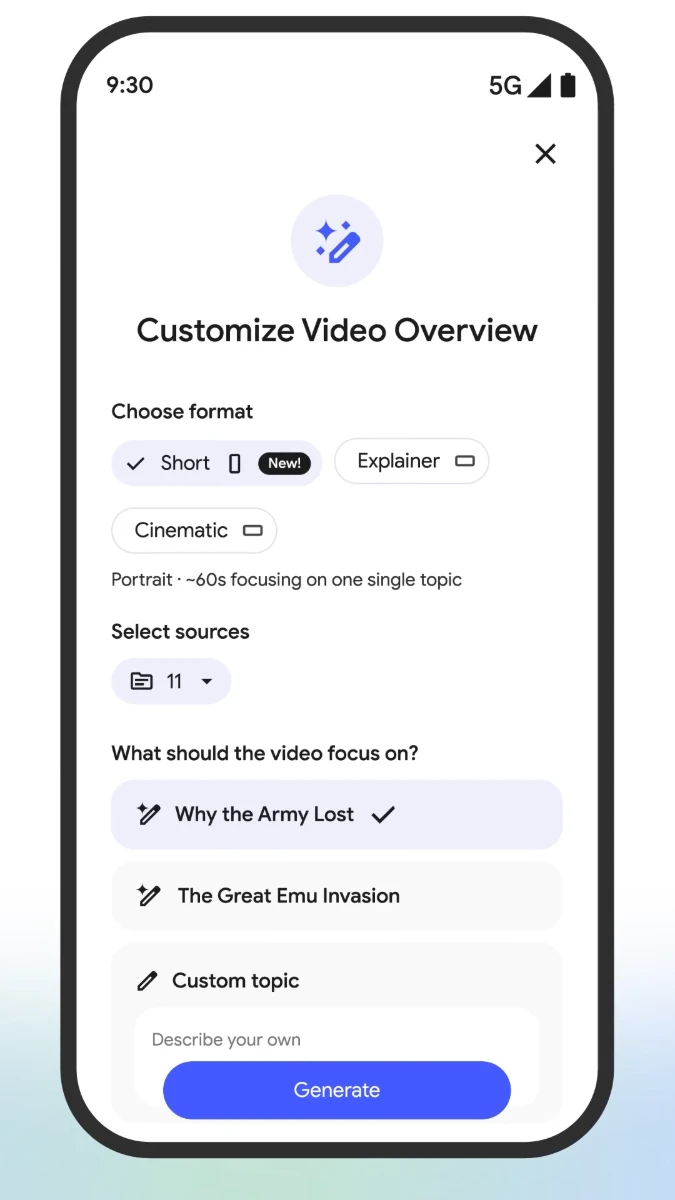 Google が公開した NotebookLM の Short Video Overviews (ショート動画解説) の設定画面の例