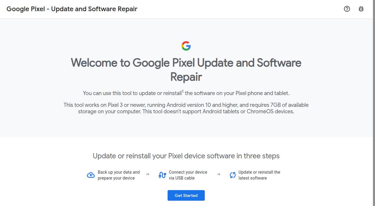 Google Pixel 向けのアップデートとソフトウェア復旧を行う Pixel Update and Software Repair ツールのトップページ
