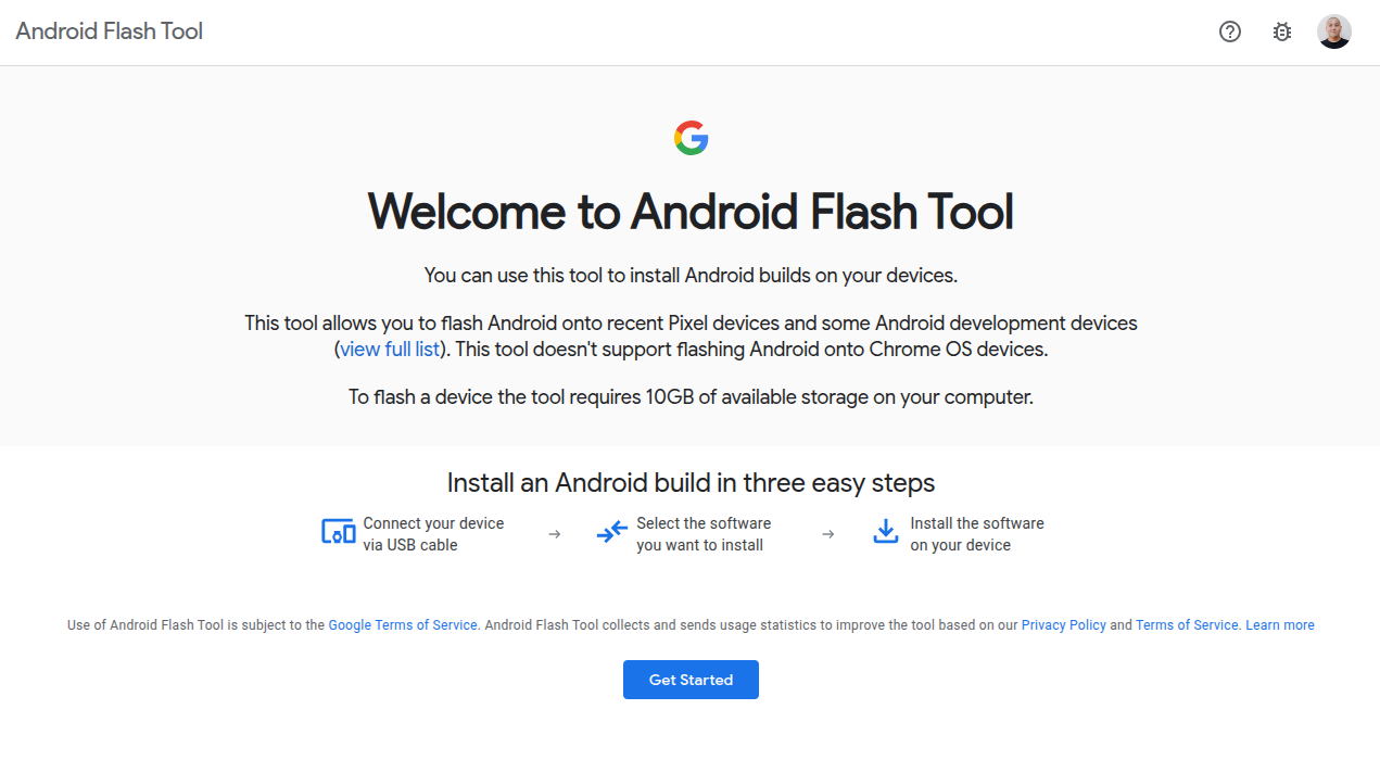 Google Pixel および一部の Android の復旧に使う Android Flash Tool のトップページ