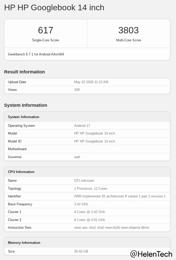2026 年 5 月 22 日に Geekbench に掲載された HP Googlebook 14 inch のベンチマーク結果