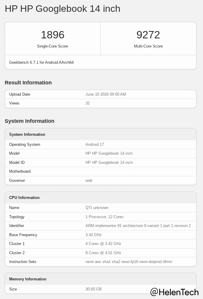 2026 年 6 月 10 日に Geekbench に掲載された HP Googlebook 14 inch のベンチマーク結果