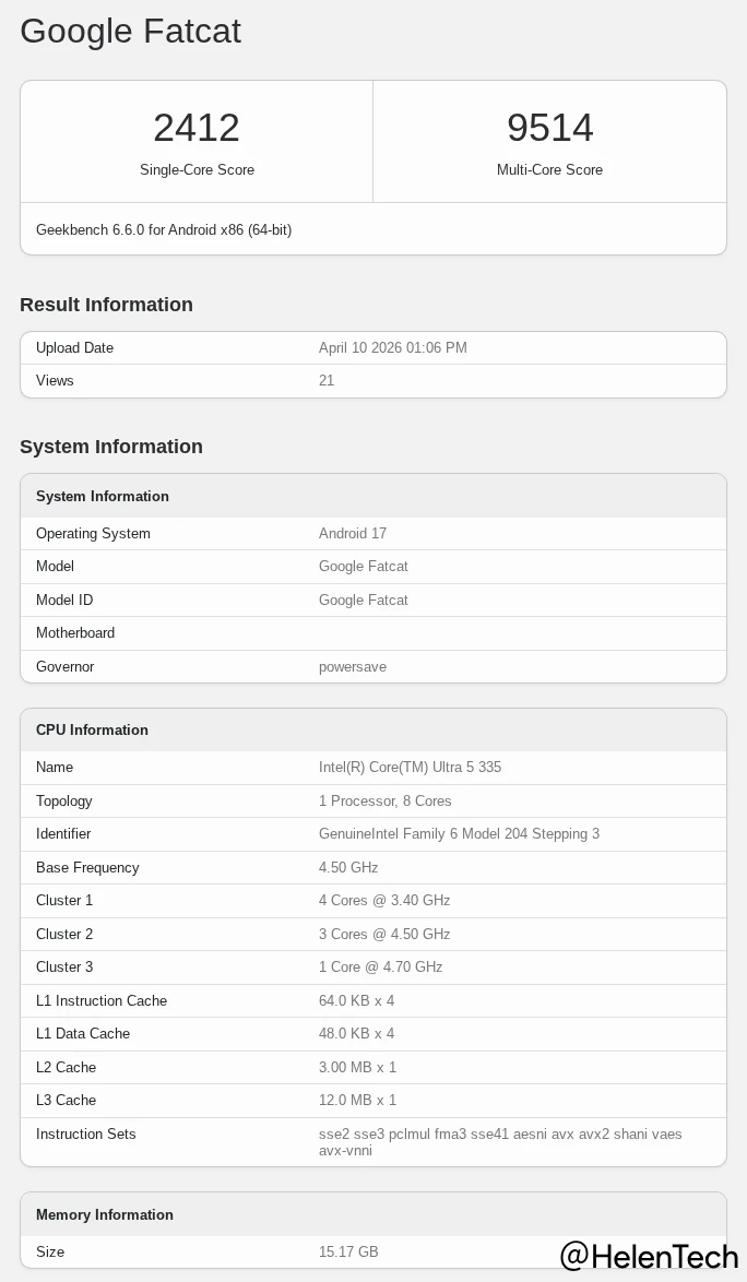 Geekbench に登録された Intel Panther Lake を搭載する Google Fatcat のベンチマークスコアの 1 枚目