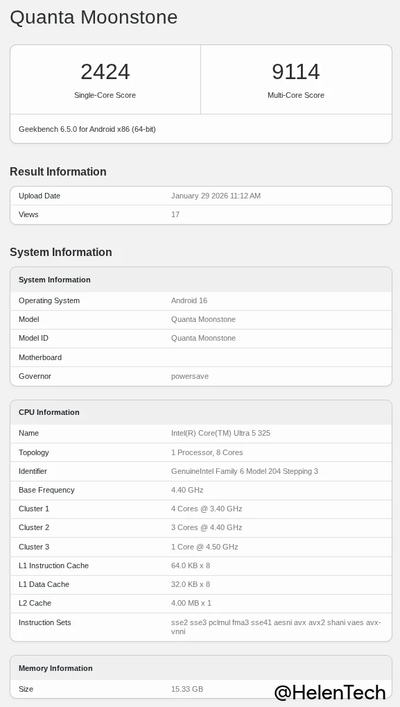 Core Ultra 5 325 と 16GB RAM を搭載した Acer の Googlebook Moonstone の Geekbench ベンチマークスコア