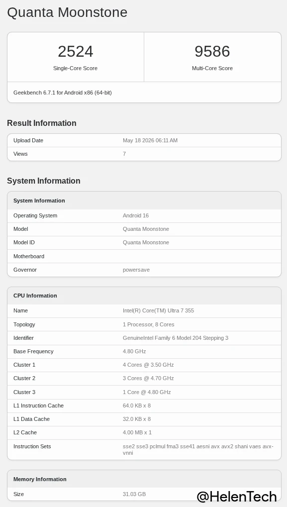Core Ultra 5 355 と 32GB RAM を搭載した Acer の Googlebook Moonstone の Geekbench ベンチマークスコア