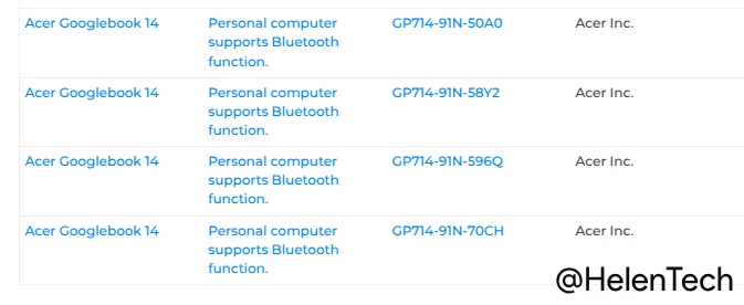 Bluetooth SIG で確認した Acer Googlebook 14 GP714-91N の 4 機種の情報