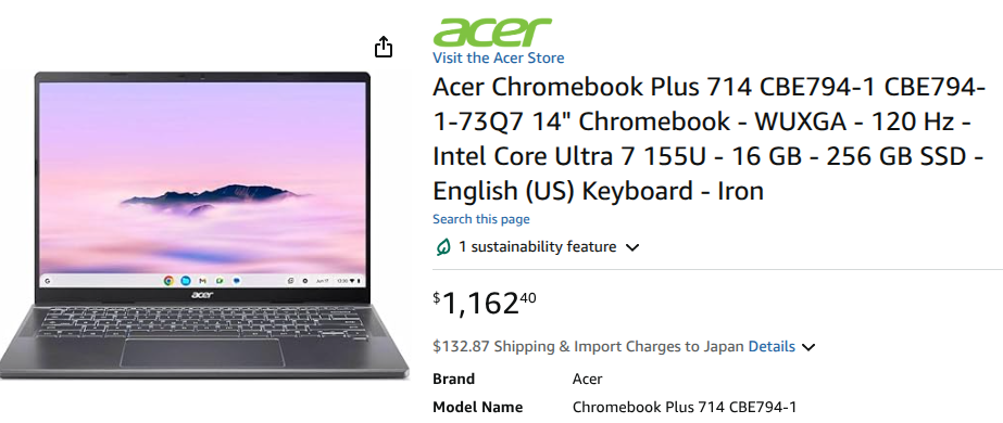 Amazon.com に掲載されている Acer Chromebook Plus 714 CBE794