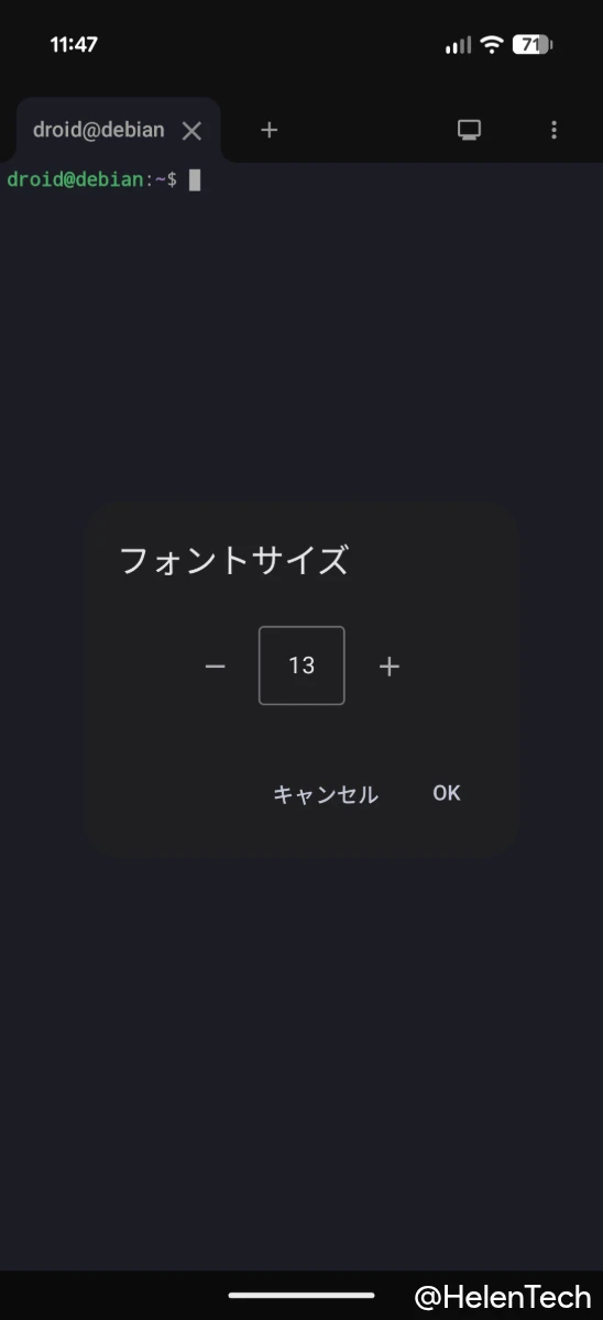 Android 17 QPR1 Beta 6 で動作する Google Pixel 10 Pro Fold の Linux ターミナルでフォントサイズを変更している様子
