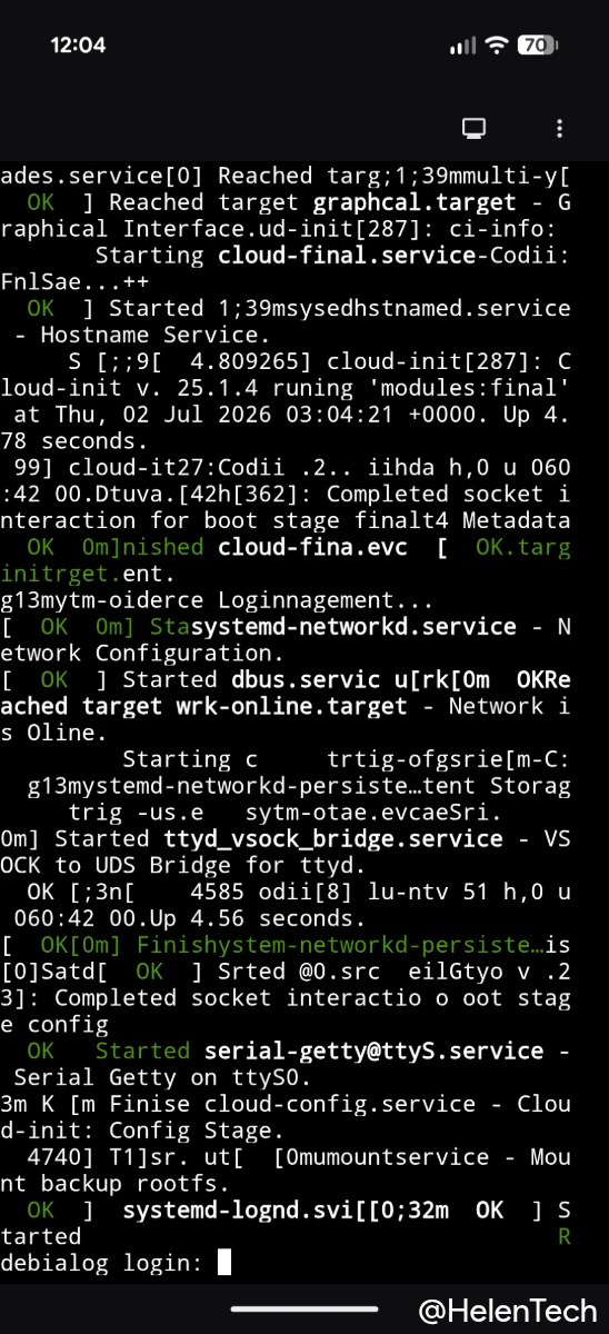 Android 17 QPR1 Beta 6 で動作する Google Pixel 10 Pro Fold の Linux ターミナルで Virtio-console を有効にしたターミナル画面 2