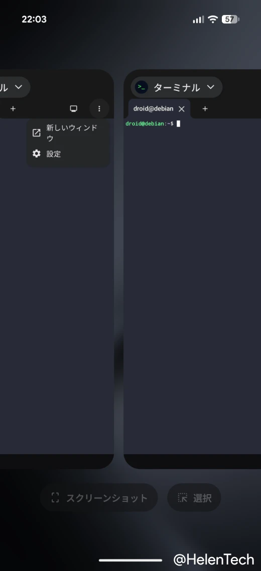 Android 17 QPR1 Beta 6 で Pixel の Linux ターミナルに追加された「新しいウィンドウ」を開いて、複数のウィンドウが立ち上がっていることを示している様子