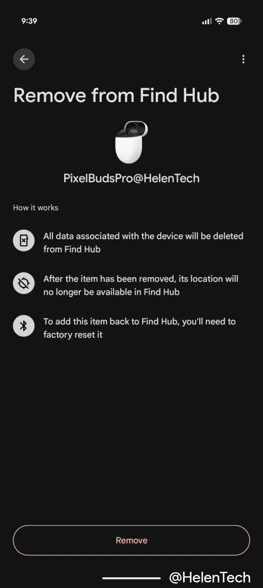Remove from Find Hub をタップすると表示される削除の同意を求める画面